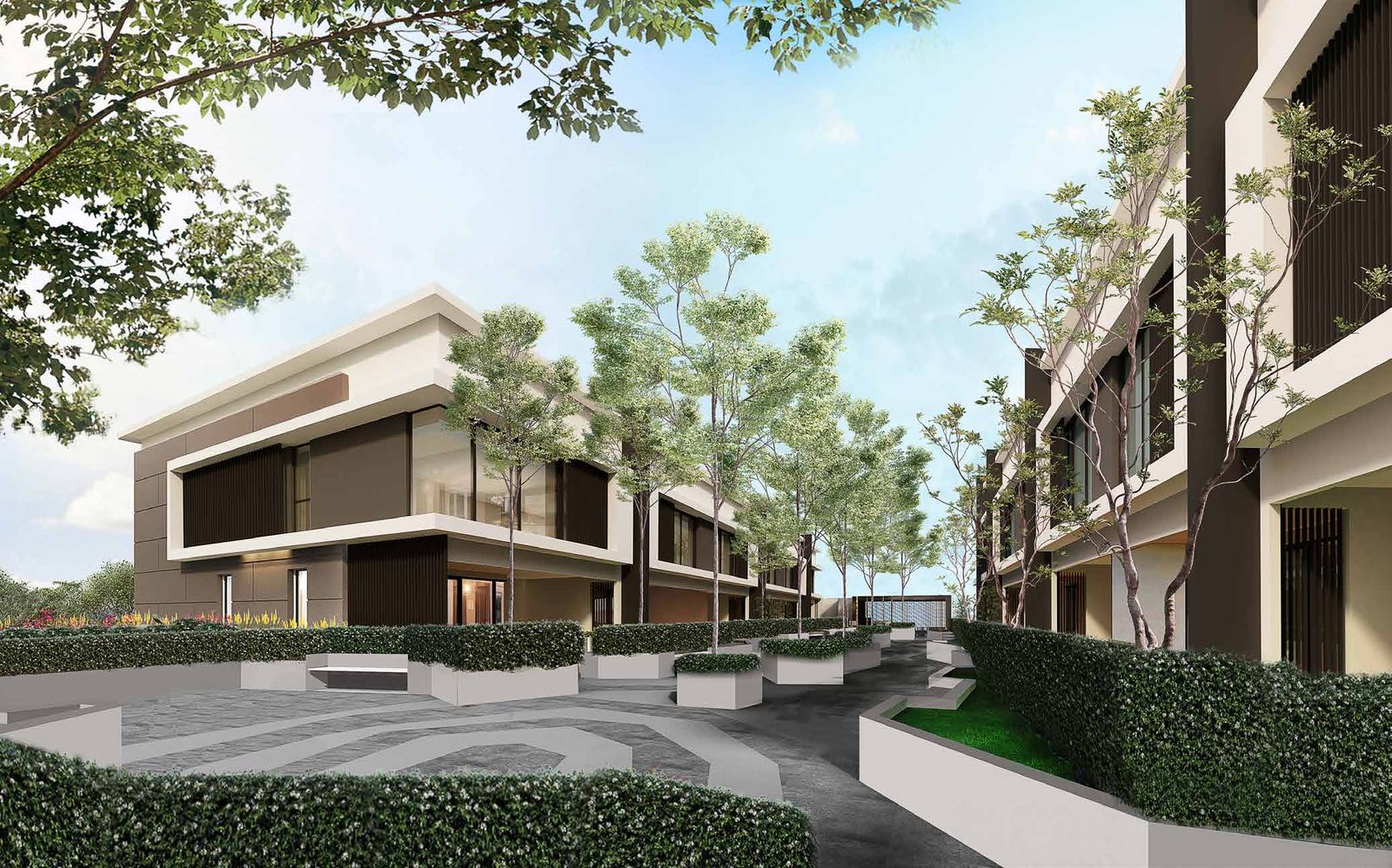 Modern residential courtyard framed by sleek white and charcoal-grey buildings with vertical wooden slat accents