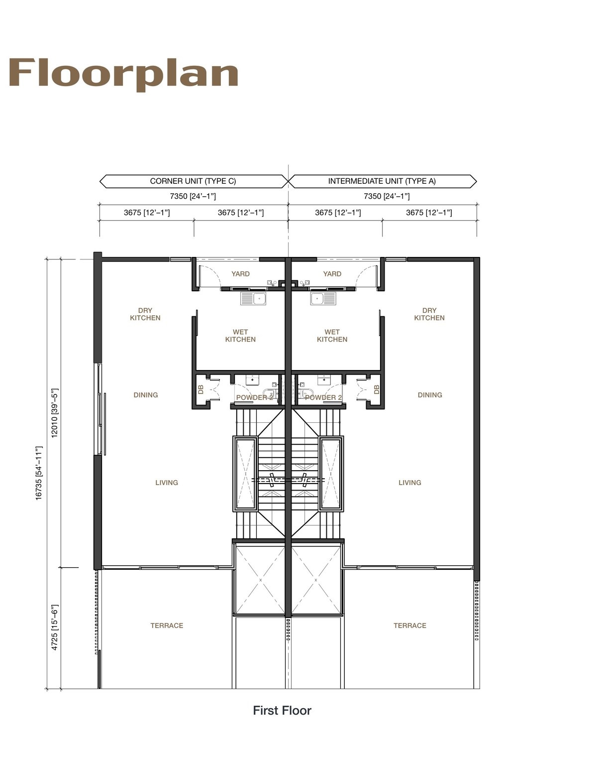 First floor plan showing living, dining, dry and wet kitchen, and terrace