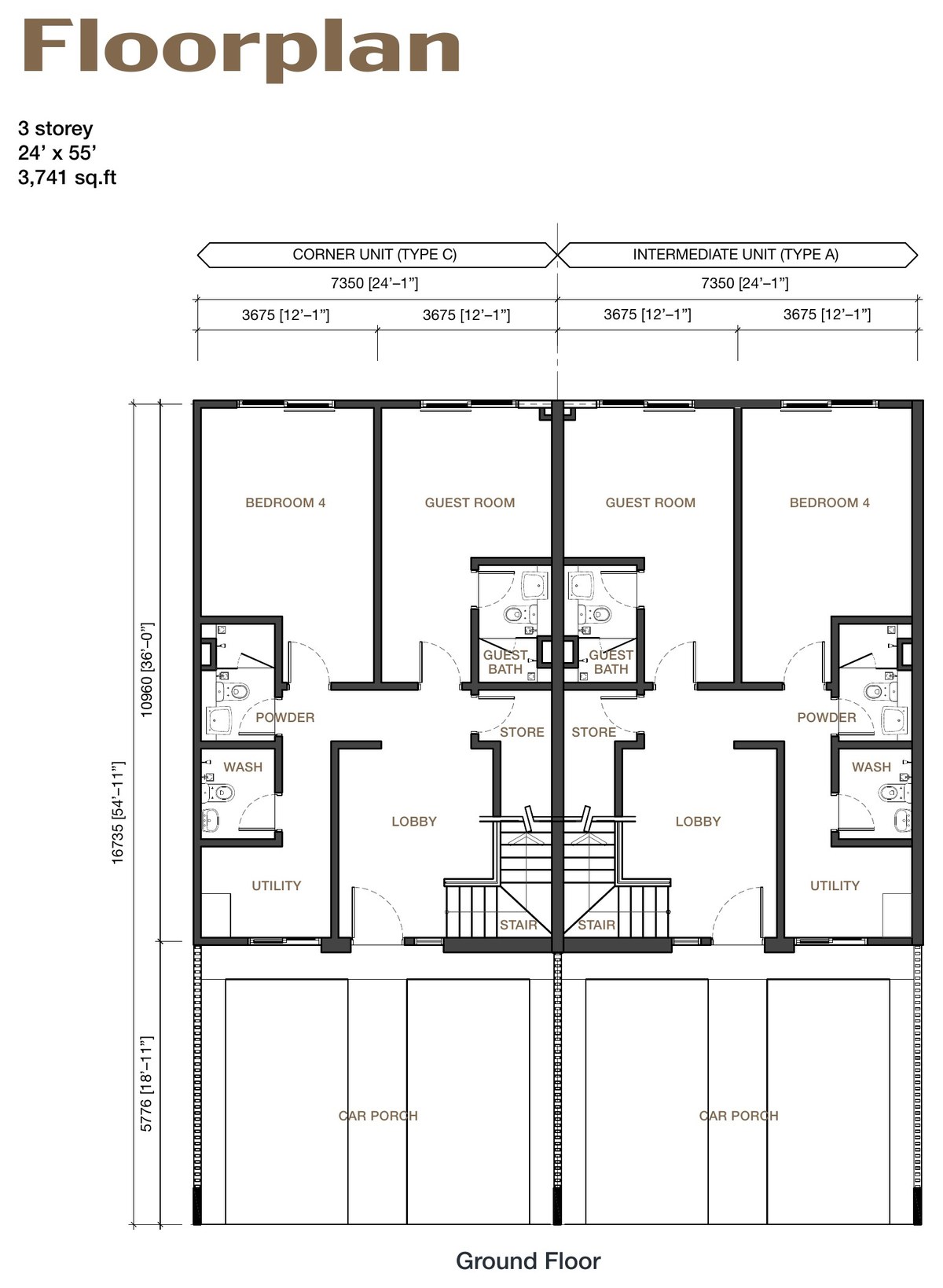 Ground floor plan showing car porch, lobby, utility, guest room and guest bathroom