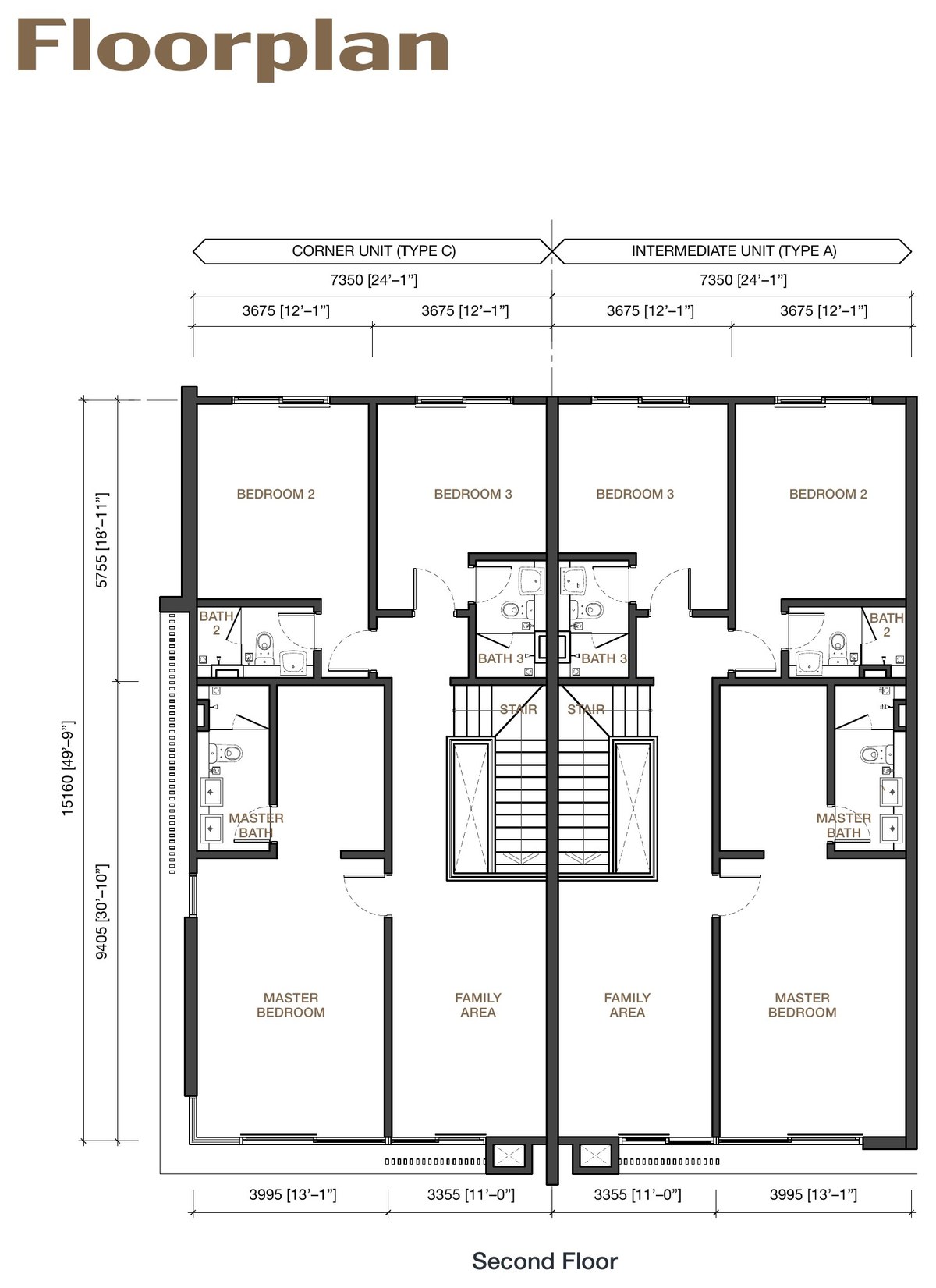 Second floor plan showing master bedroom, family area, and bedrooms 2 and 3