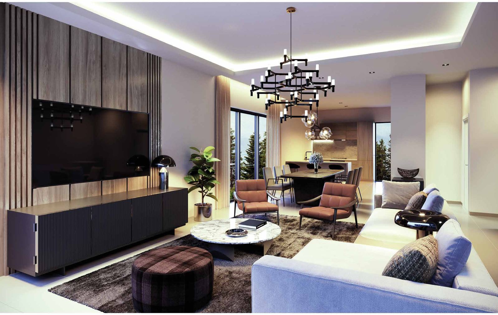Luxurious modern open-plan living and dining space with high-end furniture and geometric chandelier