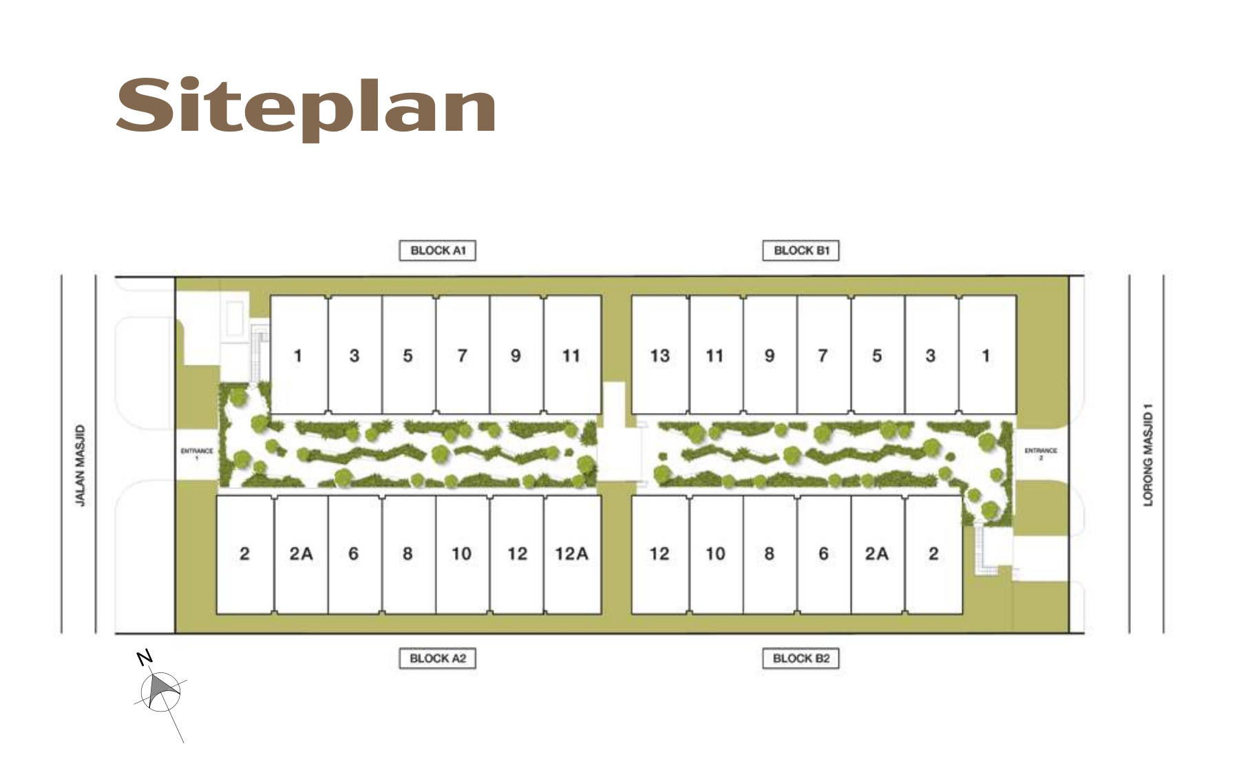 2D architectural site plan of the residential development featuring four building blocks